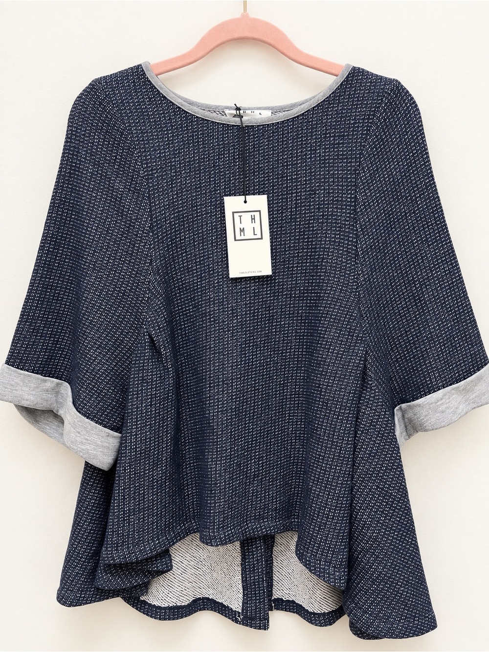 THML Navy Textured Bell Sleeve Scoop Neck Sweater with Light Gray Trim